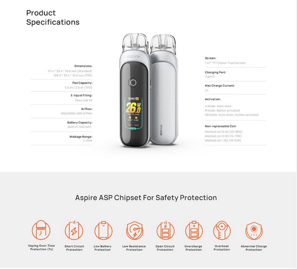 pixo pod kit 1100mah 2ml by aspire 8