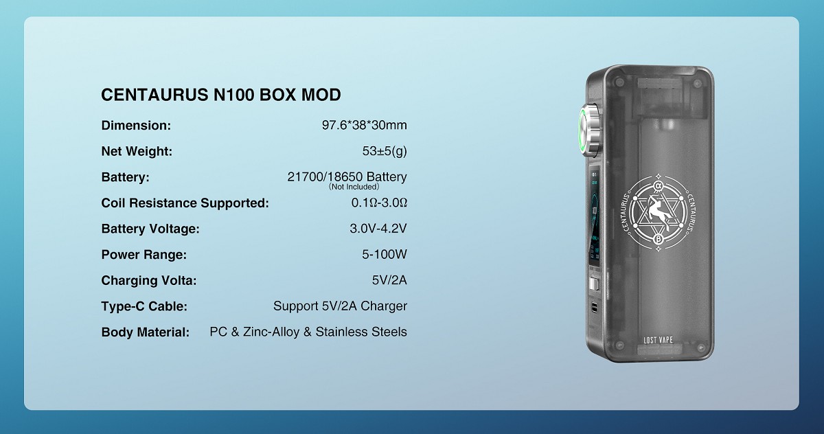 centaurus n100 box mod 100w 21700 by lost vape 11
