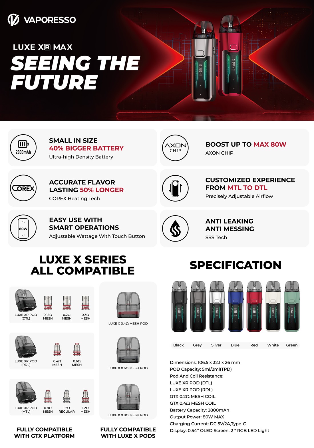 luxe xr max pod kit 2800mah 5ml by vaporesso 1